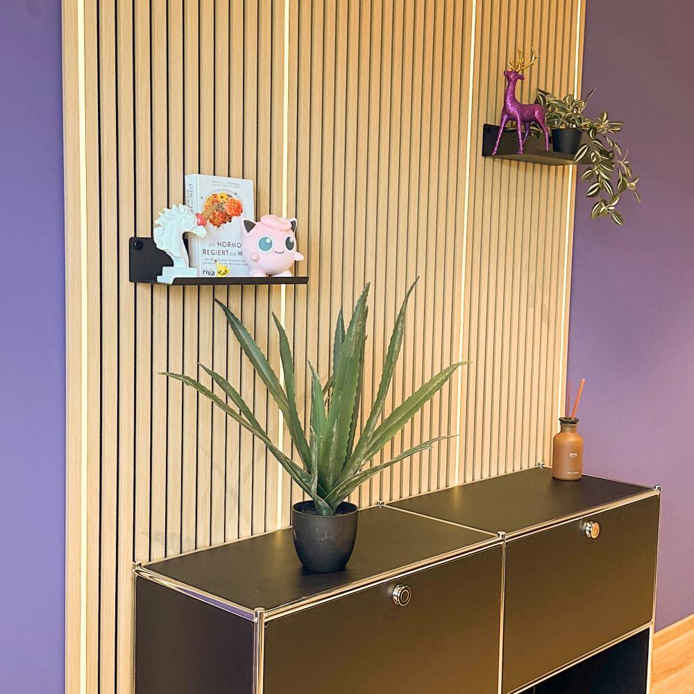 Wand mit hawo Akustikpaneele und Zubehör für Haken, Regale, LED-Beleuchtung