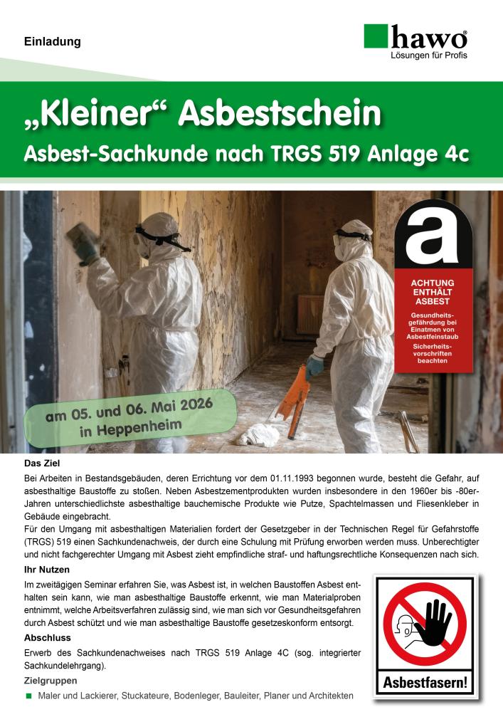 Titelbild Einladungsflyer „Kleiner“ Asbestschein, Asbest-Sachkunde nach TRGS 519 Anlage 4c