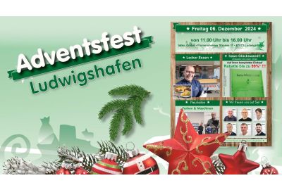 Einladung zum Adventstreff bei hawo in Ludwigshafen am Freitag, 6. Dezember 2024 ab 11 Uhr mit Udos Thüringer und Rabatten bis zu 99 Prozent an der Glückswand. Festliche Weihnachtsdekoration im Vordergrund.