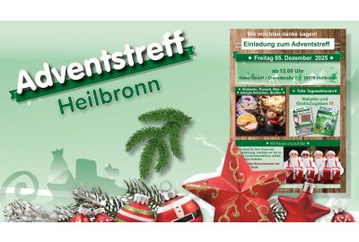 Einladung zum Adventstreff bei hawo in Heilbronn am Freitag, 13. Dezember 2024 ab 12 Uhr mit Gl&uuml;hwein, Punsch, belegten Br&ouml;tchen, Stollen und Rabatten bis zu 30 Prozent. Festliche Weihnachtsdekoration im Vordergrund.