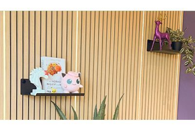 Eine montierte Akustikpaneel-Wand mit 4 LED-Streifen die leuchten und zwei Regalen mit Figuren und Pflanzen - davor ein Sideboard mit einer Pflande darauf.