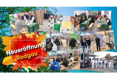 Neueröffnung Rodgau - Banner mit einer Colage aus Polaroid-Bildern mit Menschen, die das Filialfest besucht haben