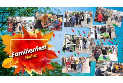 Familienfest Mainz - Banner mit einer Colage aus Polaroid-Bildern mit Menschen, die das Filialfest besucht haben
