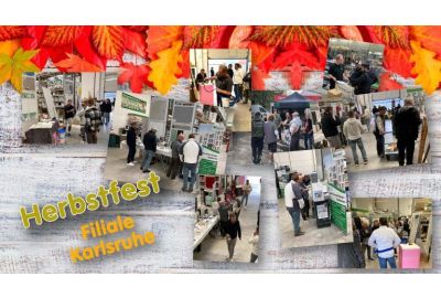 Fotokollage mit verschiedenen Bildern vom Herbstfest in Karlsruhe - im Hintergrund herbstliche Blätter