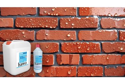 Wand mit Klinker - Wassertropfen perlen ab - Gebinde 10 Liter und 1 Liter von hawo Hydroschutz