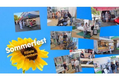 Sonnenblume mit Aufschrift "Sommerfest Filiale Mannheim" und 9 Bilder vom Fest