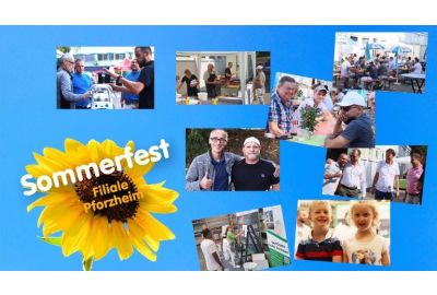 Sonnenblume mit Aufschrift "Sommerfest Filiale Pforzheim" und 8 Bilder vom Fest