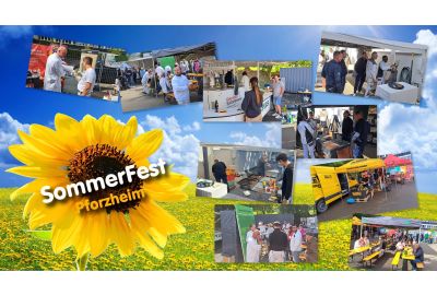 Sommerfest Pforzheim - Banner mit einer Colage aus Polaroid-Bildern mit Menschen, die das Filialfest besucht haben