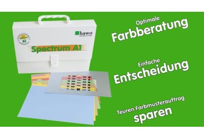 hawo Spectrum A1 Farbmusterbox mit großen Farbmustern und Schablonen - Beschriftung "optimale Farbberatung - einfache Entscheidung - teuren Farbmusterauftrag sparen"