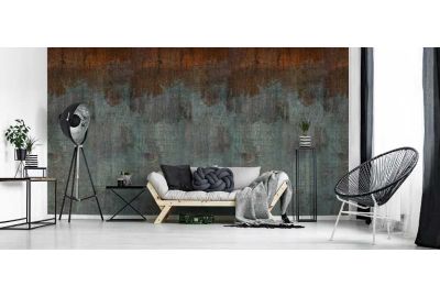 Modernes Zimmer - eine Wand ist mit einem Wandbild tapeziert - metallisch / rostisch