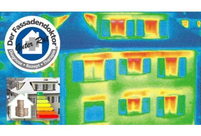 Wärmebildaufnahme von einem Haus - Logo Der Fassadendoktor guter Rat - kleines Bild mit Haus und schneebedecktem Dach - stilisiertes Haus mit Münzen im inneren und eine Energieampel