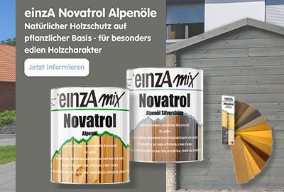 Abbildung der Novatrol Produkte, des Farbtonf&auml;chers und einer grau gestrichenen H&uuml;tte