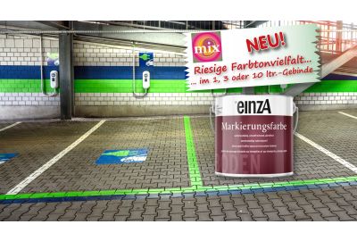 Parkhaus mit unterschiedlich farbigen Begrenzungsstreifen, Gebinde einzA Markierungsfarbe und Hinweis  riesige Farbtonvielfalt