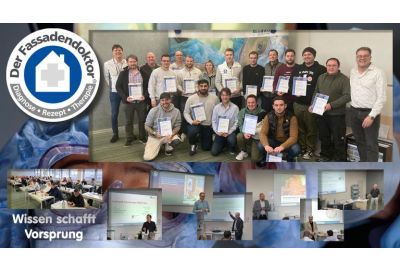 Fotocollage vom den Teilnehmer und den Referenten des Weiterbildungsseminars mit Logo von Der Fassadendoktor