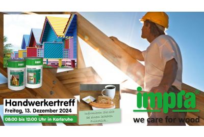 eine Holzkonstruktion mit Zimmermann, davor das impra-Logo - Brötchen und Saitenwürstchen - impra-Produkte - bunte Holzfassaden