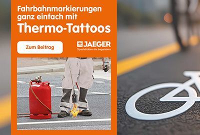 Fahrbahn mit gelben gelben Leitlinien und einer Markierung in Form eines Fahrrads - der Hintergrund hat Tiefenschärfe - ein Mann mit einem Gasbrenner, der ein weißes Linientattoo erwärmt - Text: Fahrbahnmarkierungen ganz einfach mit Thermo-Tattoo