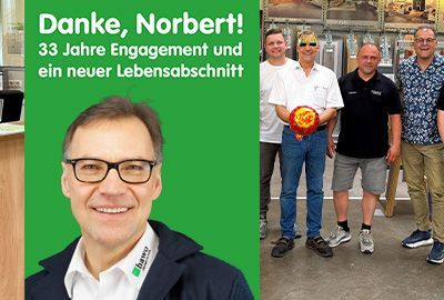 Bild von Norbert Fr&uuml;hbis und im Hintergrund ein Bild von der Verabschiedung in der Filiale Worms