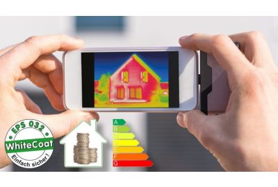 Smartphone mit einen Wärmebildphoto eines Hauses - Piktogramme von WhiteCoat EPS 032 einfach sicher - stilisiertes Haus mit Münzen drin - Energieeffizienzampel A grün bis g rot