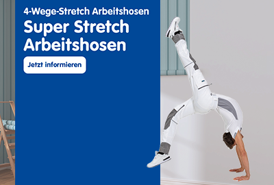Maler vor einer halb Tapezierten Wand und schwingt ein Bein hinter sich, wie beim FlickFlack, nur das ein Bein fast schon wieder den Boden ber&uuml;hrt, w&auml;rend das andere Bein noch in die Luft gestreckt ist. Schriftzug SuperStrecht und FormFlex