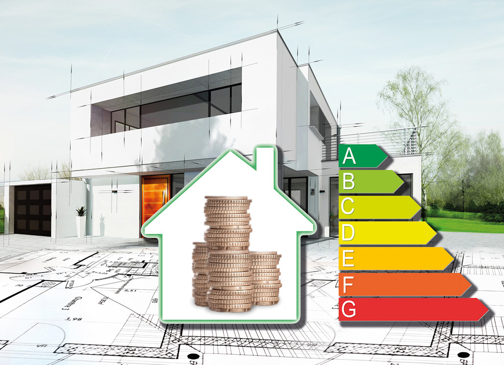 Bauplan mit einem modernem Gebäude im Hintergrund - Abbildung eines stilisierten Haus mit Geldmünzen darin und einer Energieampel daneben