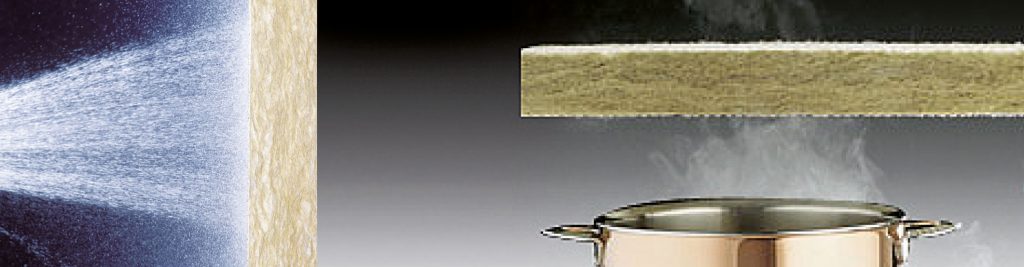 eine Mineralwollplatte, die von einer Seite mit Wasser bespritz wird - daneben eine Mineralwollplatte über einem dampfendem Kochtopt, der Dampf geht durch die Platte