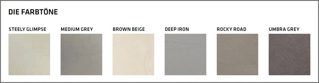 Die verschiedenen braun und grau Farbtöne: steely glimpse, medium grey, brown beige, deep iron, rocky road, umbra grey