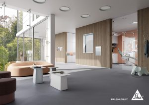 Großzugiger Raum mit grauer Beschichtung