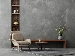 Sitzecke mit grau gespachtelter Wand