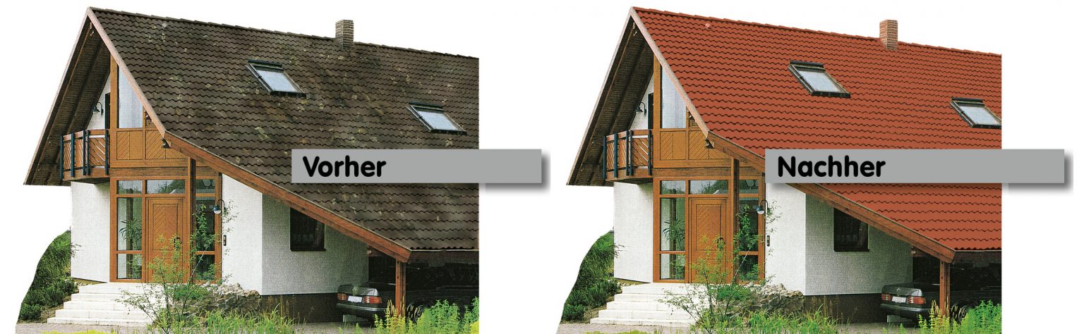 Haus mit großem Dach, dass auch als Carport dient - links ist es alt und schmutzig - recht neu, frisch in ziegelrot