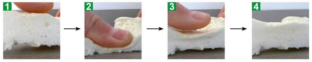 4 Fotos von ausgehärtetem hawo Elast-Dichtschaum. 1. normaler Zustand - 2. Schaum wird mit Daumen komprimiert - 3. der komprimierte Schaum entfaltet sich wieder - 4. fast wie auf dem ersten Bild