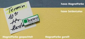 Mit hawo Magnetfarbe gestrichene Wand als Whiteboard mit Zettel mit hawo-Magnet befestigt - Beschichtungsaufbau
