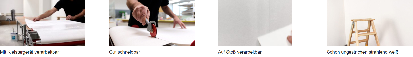 4 Bilder nebeneinander - ziehen durch die Tapeziermaschine - schneiden mit dem Tapofix Trennmesser - andrücken mit einer Tapezierspachtel an der Wand - fertig tapezierte Ecke mit Holzleiter