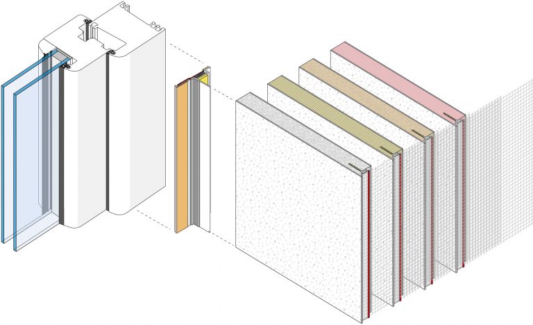 Zeichnung - Detail eines Fenster mit 4 verschiedenen Leibungsplatten