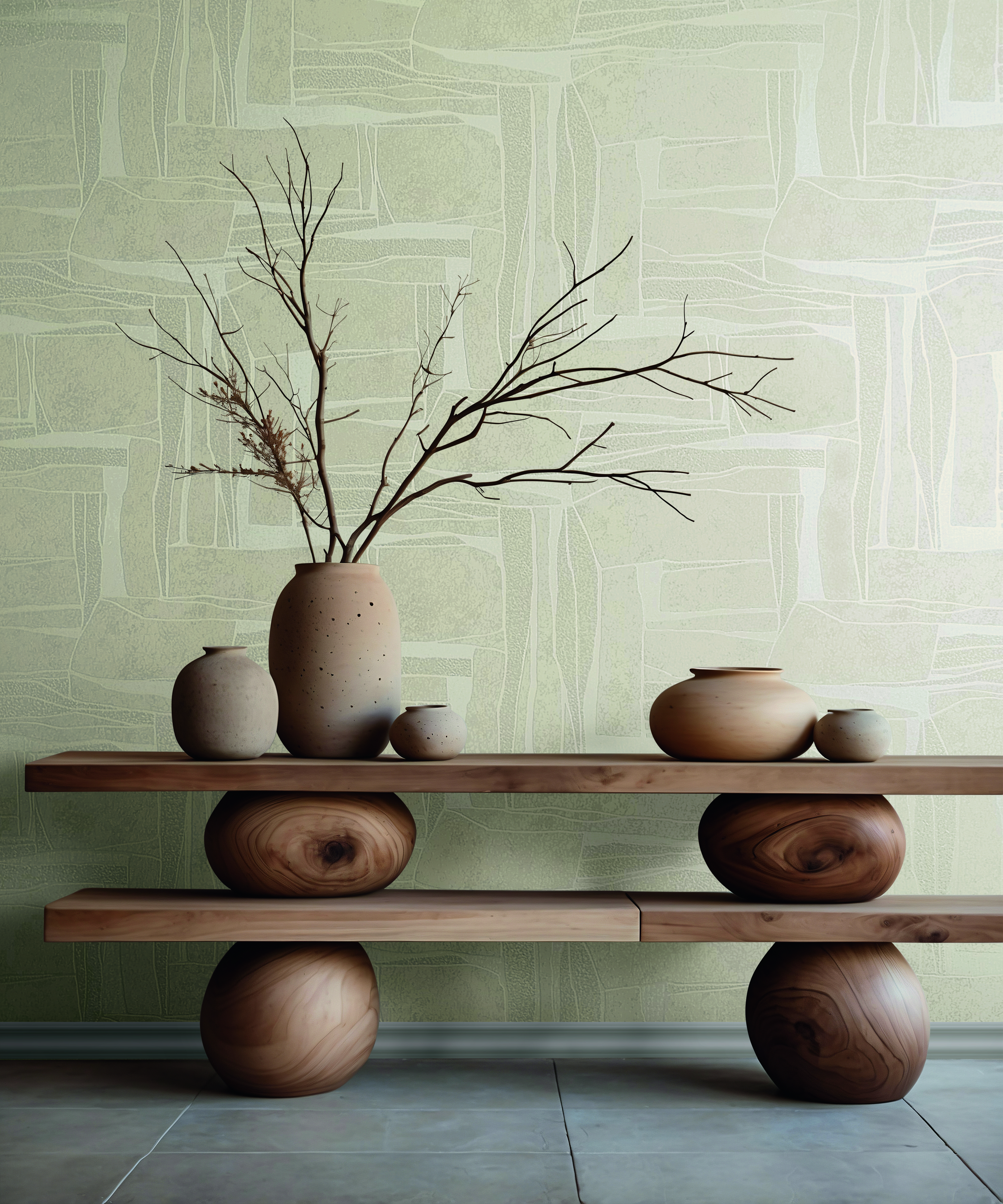 beige-graue Mustertapete - Holzteile als Regal mit Vasen und trocken Ästen in einer der Vasen