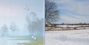 2 Bilder - links Nebellandschaft mit Wassertropfen - rechts Winterlandschaft mit Schneeflocken