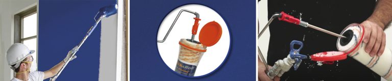 3 Bilder - 1. Maler streicht mit Jetroler eine Wand blau - 2. Abbildung des Click and Roll Systems - 3. Jetroller mit der Click and Roll Walze bestückt