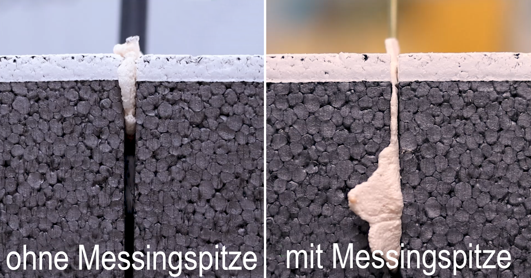 Zwei Bilder mit Spalten zwischen Dämmplatten. Beim einen ist die Spalte nur im oberen Bereich verfüllt. bei der Verfüllung mit Messingspitze sieht man den Schaum in der Tiefe der Spalte.