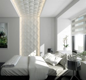 weißes Schlafzimmer mit Lichtleisten und Gestaltungselementen