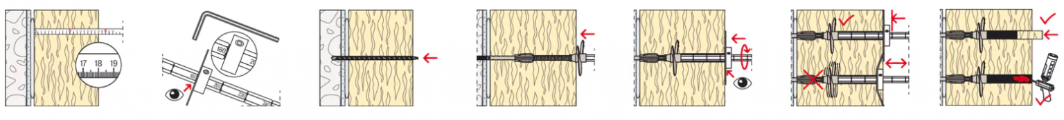 Mit Bilder gezeigter Installationsvorgang. 1. Dämmstofdicke messen 2. Werkzeug einstellen 3. Loch bohren 4. Dübel einstecken 5. mit dem Werkzeug eindrehen 6. nur bis die Platte des Werkzeugs auf die Dämmplatte trifft 7. mit Stopfen oder Schaum schließen