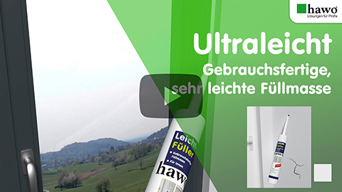 Titelbild des YouTube-Videos "Ultraleicht". Kartusche hawo Leichtfüller an einem Fenster.
