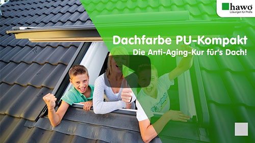 Titelbild des YouTube-Videos - Eine Frau mit zwei Jungen schauen aus dem Dachfenster einse dunkeln Ziegeldaches und freuen sich - seitlich Abbildung des Hobocks der Dachfarbe und der Farbtonfächer