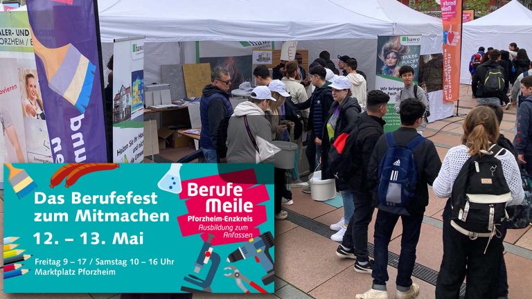 Titelbild zum YouTube-Video - hawo-Stand im Pavillon mit vielen Jugendlichen, die sich informieren - Plakat der Berufemeile