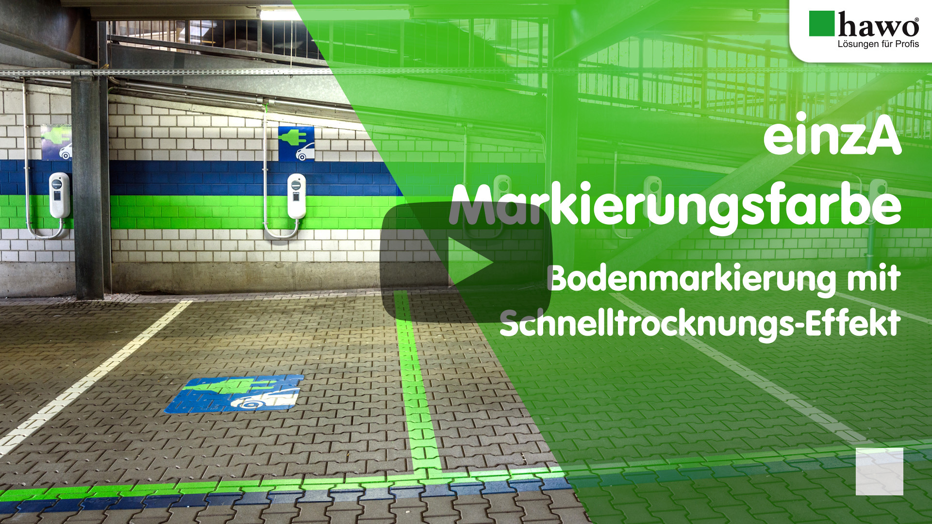 Titelbild des YouTube-Videos einzA Markierungsfarbe - Bunte, markierte Parkplätze in Parkgarage auch mit Piktogramm für Elektroladeparkplatz