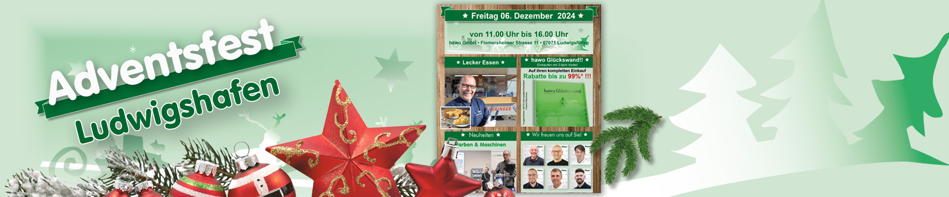 Einladung zum Adventstreff bei hawo in Ludwigshafen am Freitag, 6. Dezember 2024 ab 11 Uhr mit Udos Thüringer und Rabatten bis zu 99 Prozent an der Glückswand. Festliche Weihnachtsdekoration im Vordergrund.