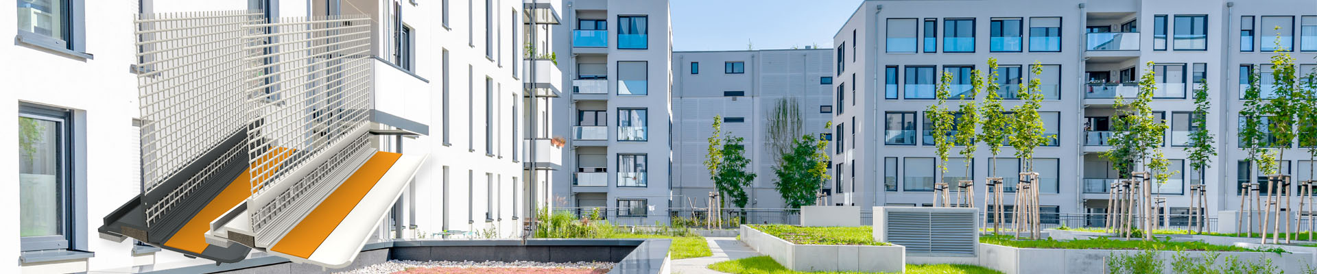 Moderne Wohnblöcke und ein kleiner Park bei Sonnenschein - Abbildung der Anputzleiste 3D Safe in weiß und anthrazit