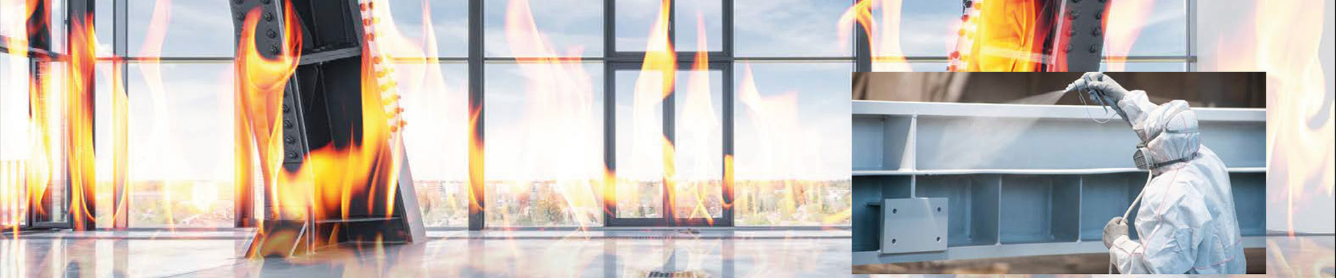 Panoramabild einer Etage mit Stahlkonstruktion - darüber Feuer. Ein Mann, der in PSA mit einem Airlessgerät eine Stahlkonstruktion beschichtet.