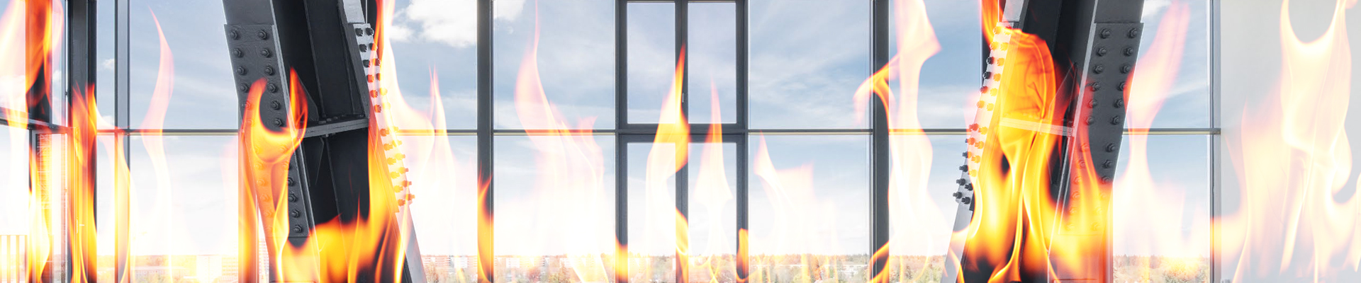 Panoramabild einer Etage mit Stahlkonstruktion - darüber Feuer.
