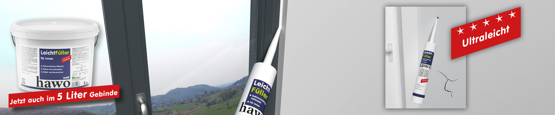 Kartusche hawo Leichtfüller an einem Fenster. Auch der Eimer von dem Material ist abgebildet. Textbanner "Jetzt auch im 5 Liter Gebinde"