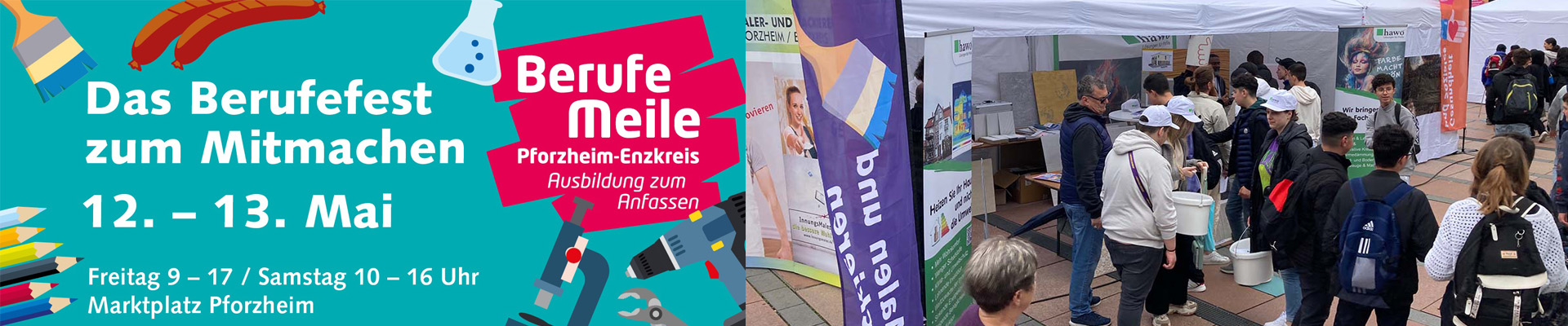 hawo-Stand im Pavillon mit vielen Jugendlichen, die sich informieren - Plakat der Berufemeile vom 12. bis 13. Mai 2025