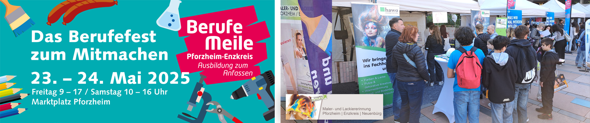 Das Plakat der Berufe Meilde und unser Stand mit Publikum